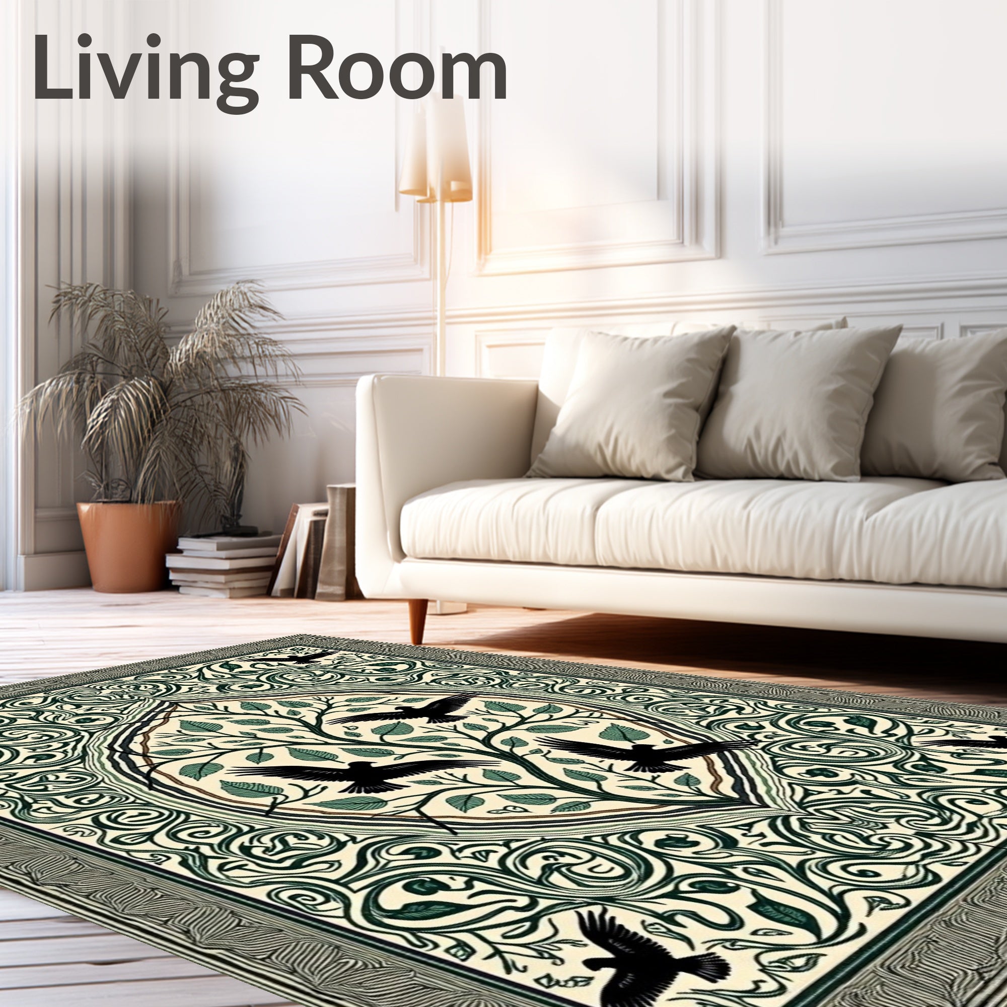 Black Birds Greenery Oval Tree Accent Rug