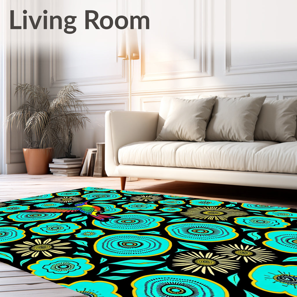 Vibrant Hummingbird Aqua Floral Medallion Rug