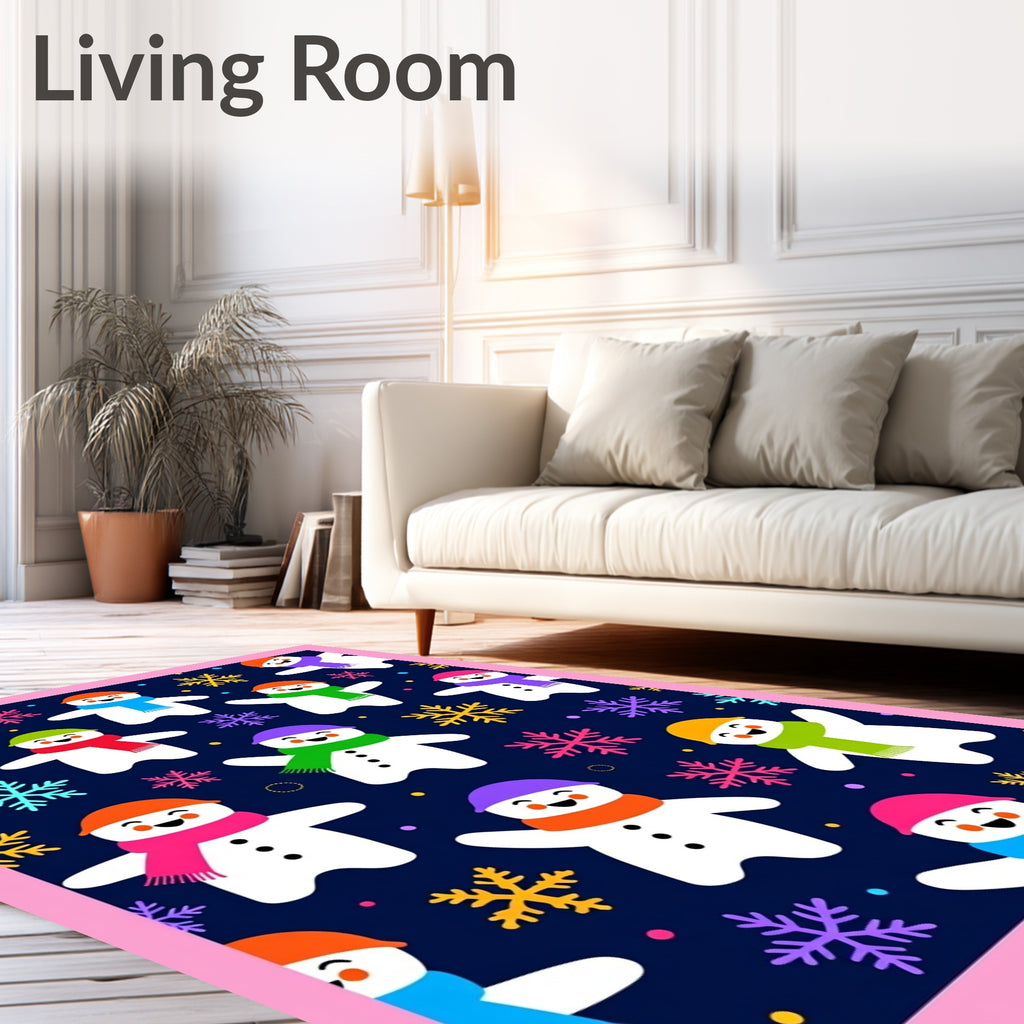 Playful Snowman Snowflake Festive Scene Rug
