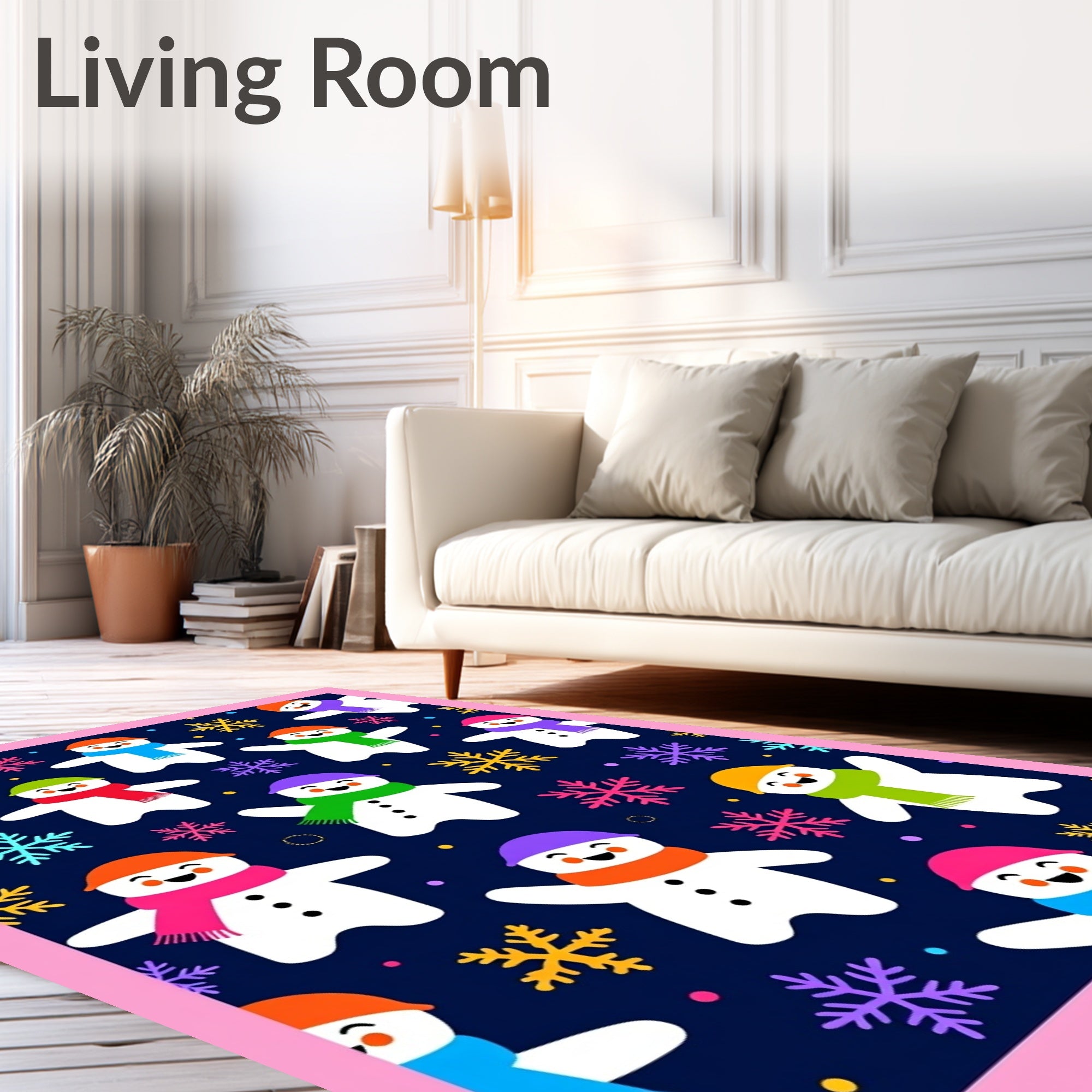Playful Snowman Snowflake Festive Scene Rug