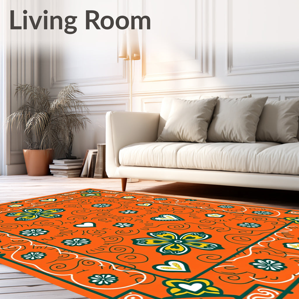 Vibrant Orange Floral Heart Border Rug