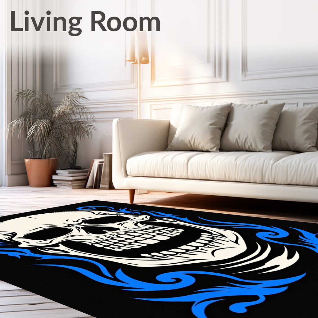 Vivid Blue Flame Skull Rug