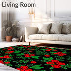 Red Berry Green Foliage Black Background Rug