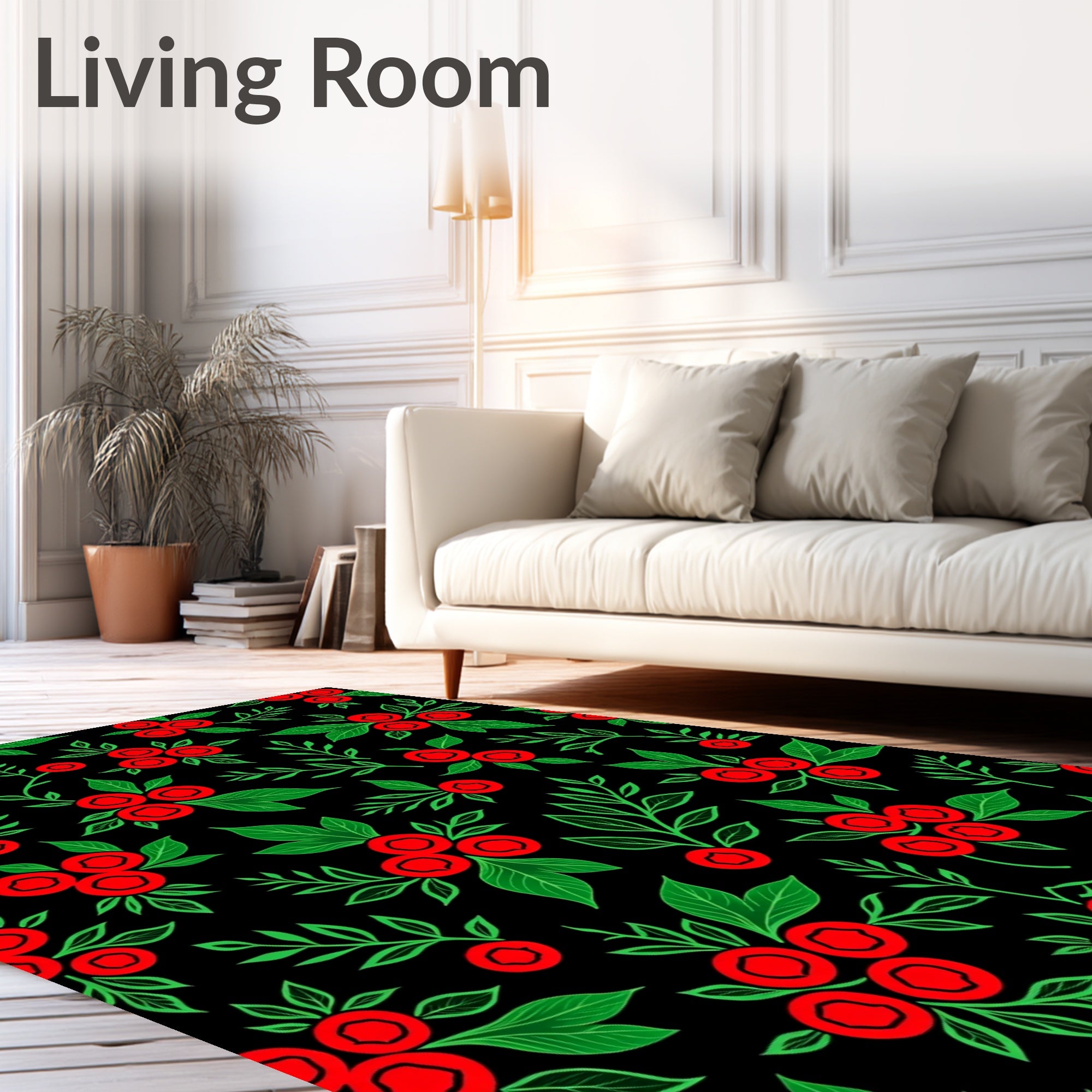 Red Berry Green Foliage Black Background Rug