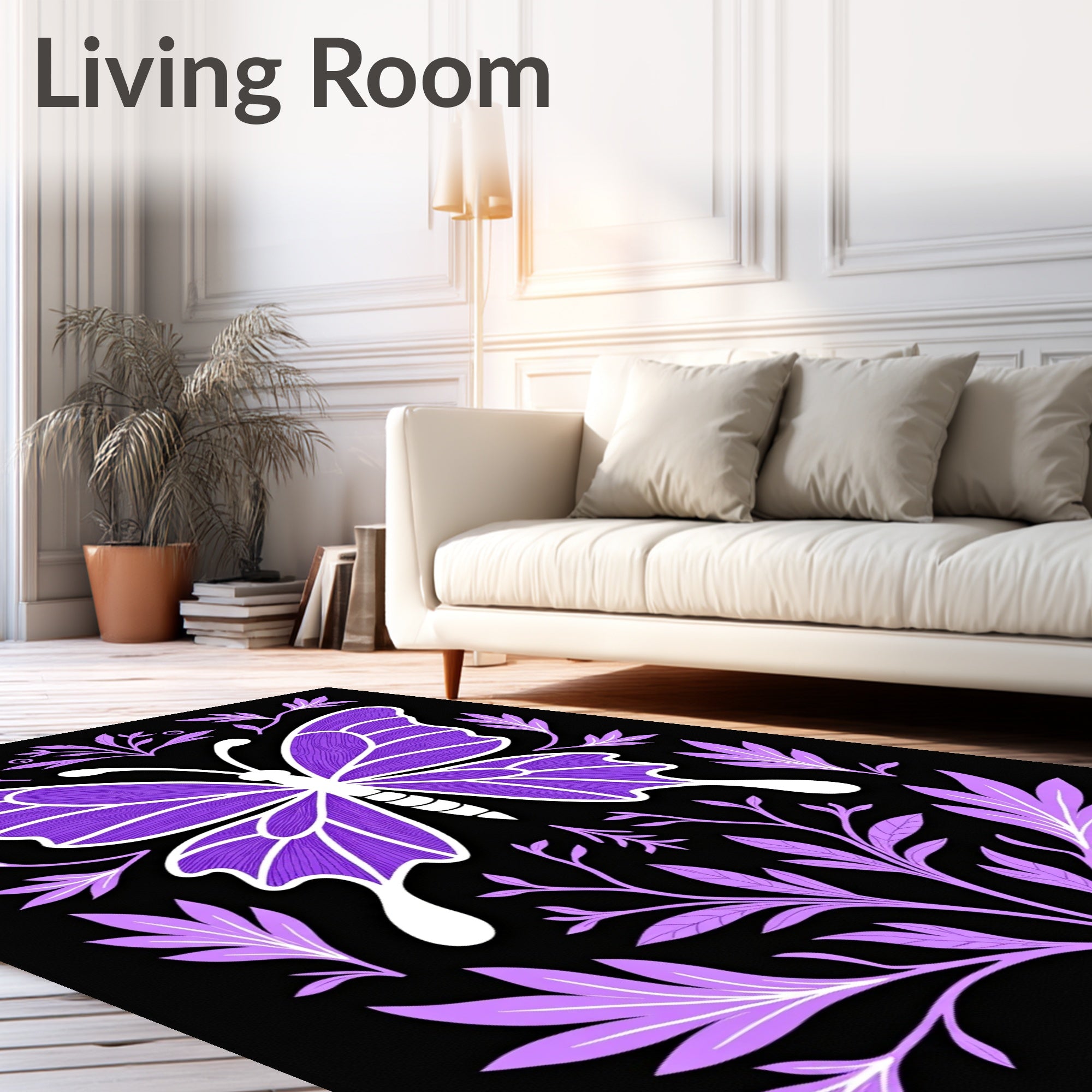 Purple Butterfly Floral Art Rug