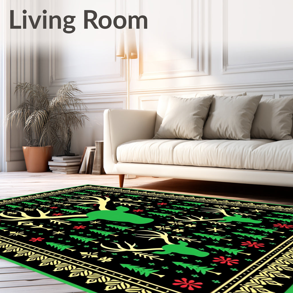 Green Deer Christmas Tree Border Rug