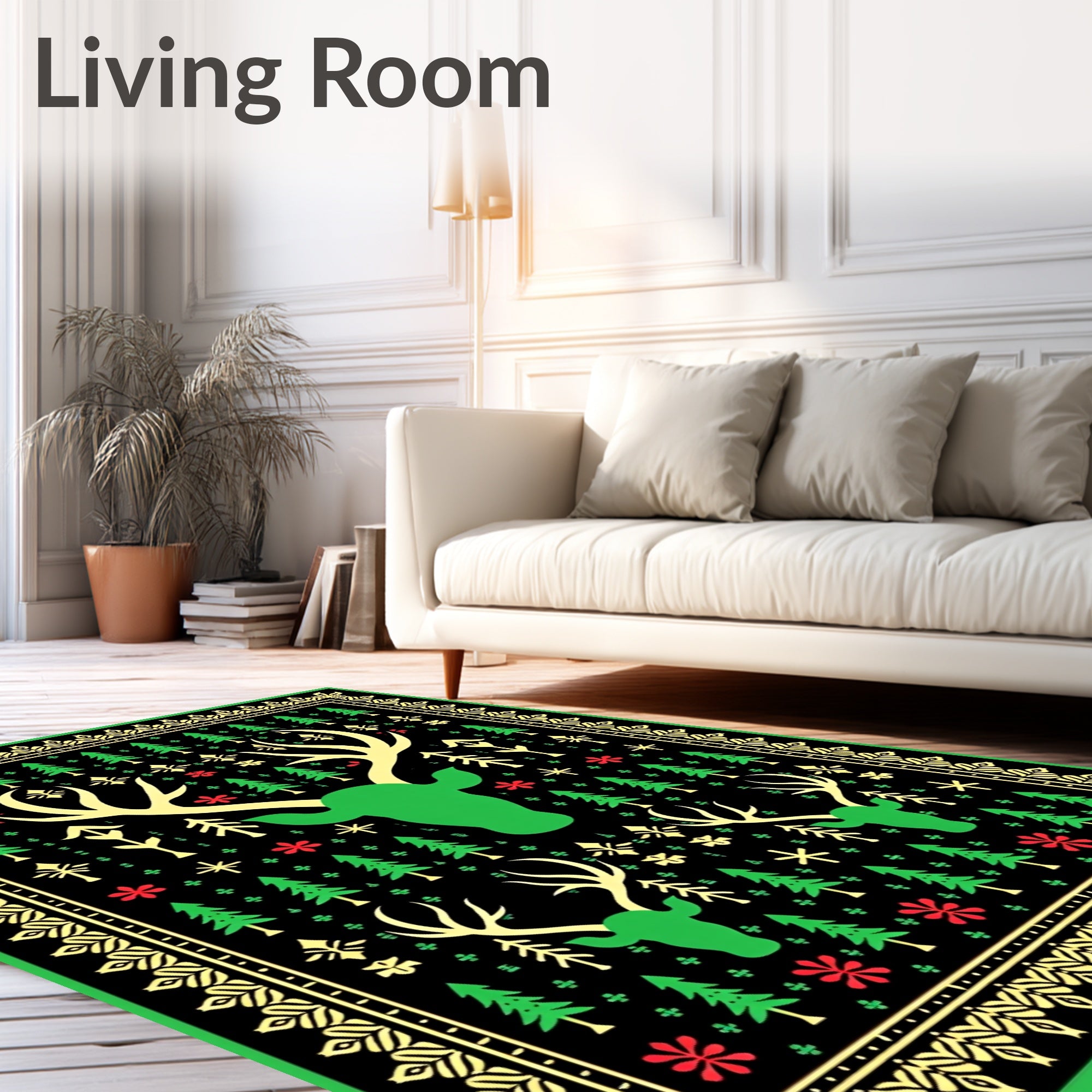 Green Deer Christmas Tree Border Rug