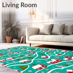 Cozy Red Houses Snowflakes Teal Rug