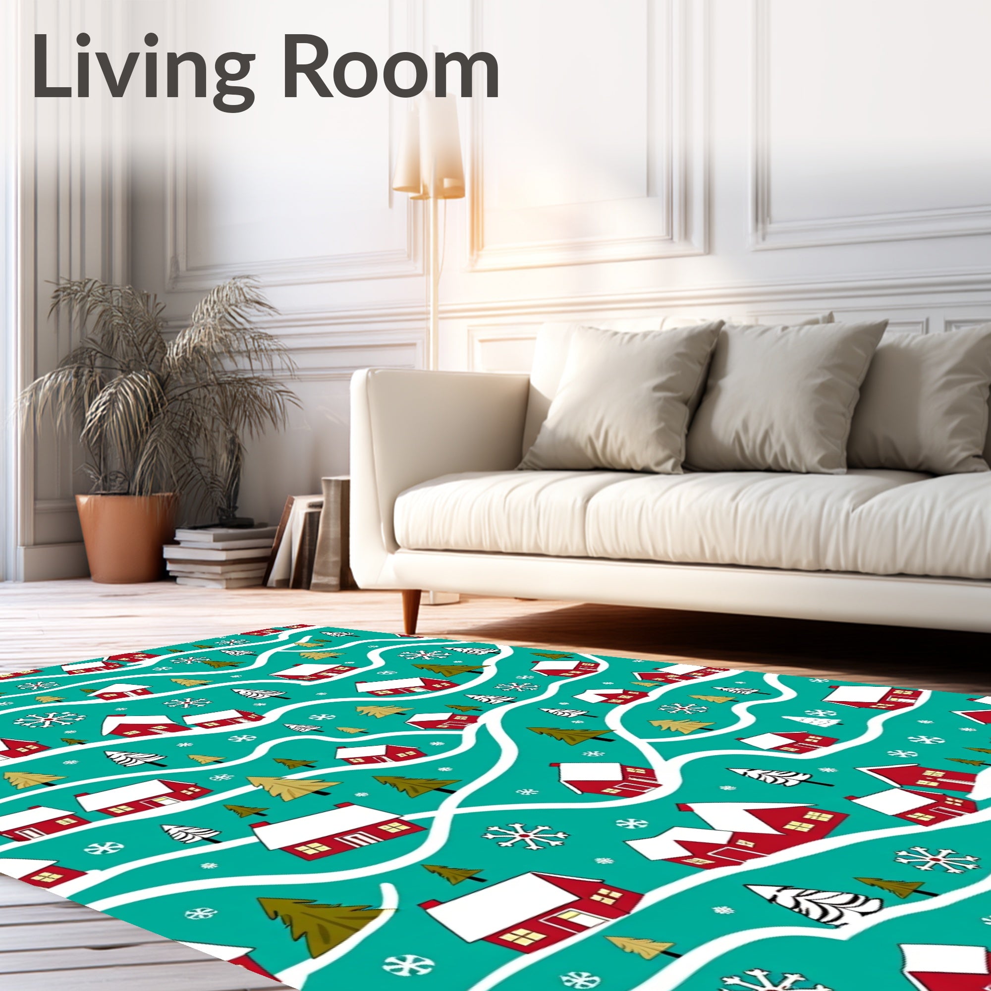 Cozy Red Houses Snowflakes Teal Rug