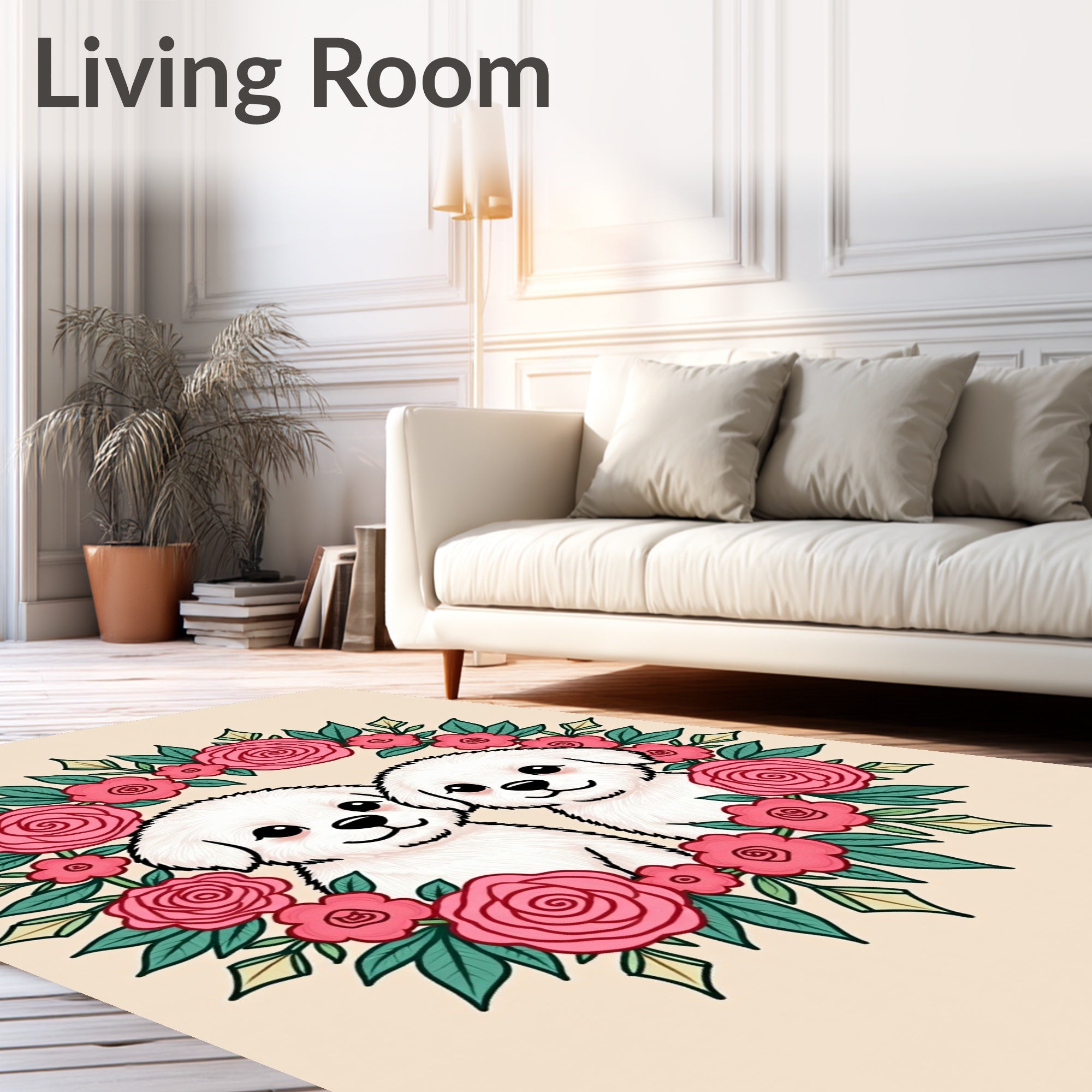 Pink Rose Wreath Adorable Puppies Rug