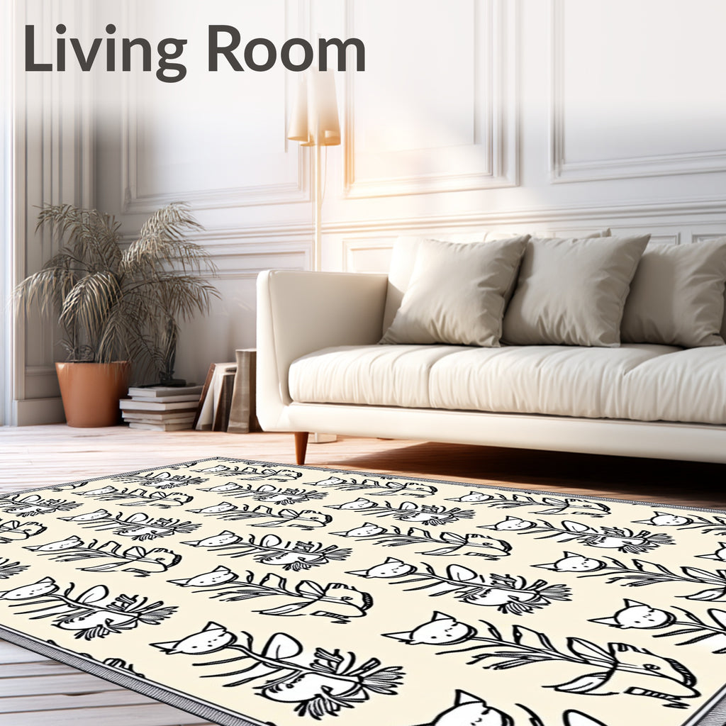 Whimsical Cat Flower Cream Rug