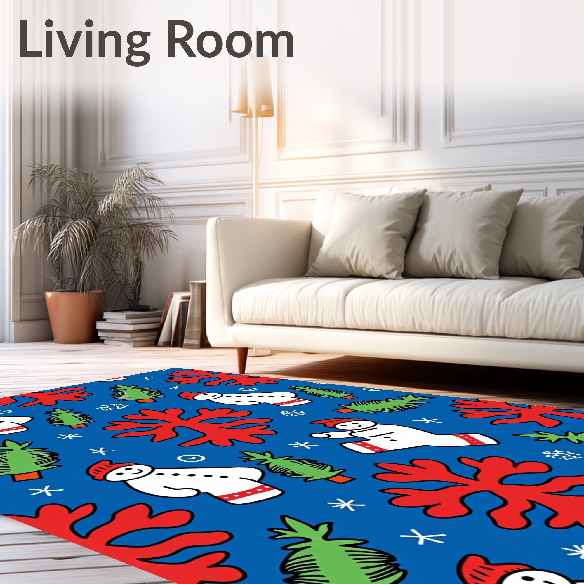 Red White Snowman Christmas Tree Snowflakes Rug
