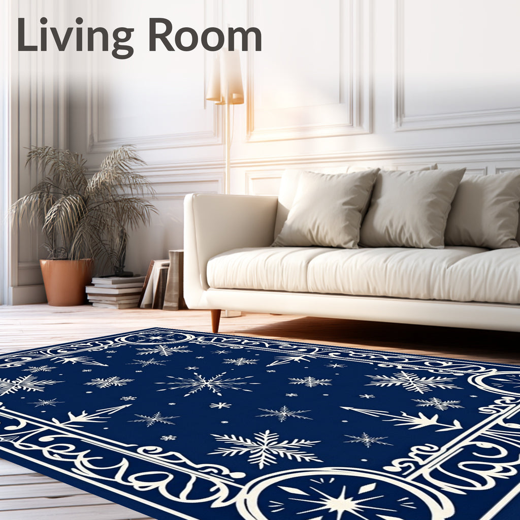Deep Blue Snowflake Winter Scroll Rug