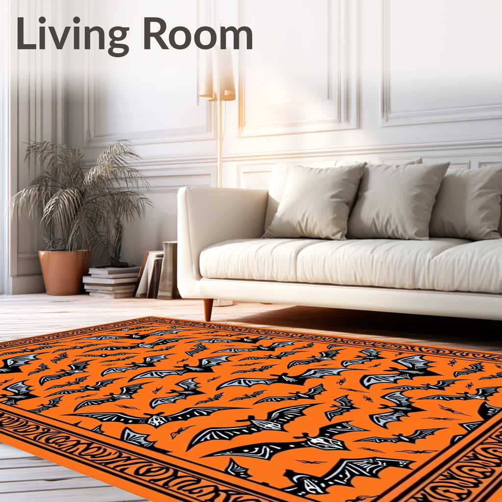 Halloween Orange Black Flying Bats Rug
