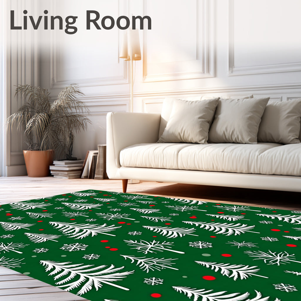 White Evergreen Snowflakes Scattered Red Dots Rug