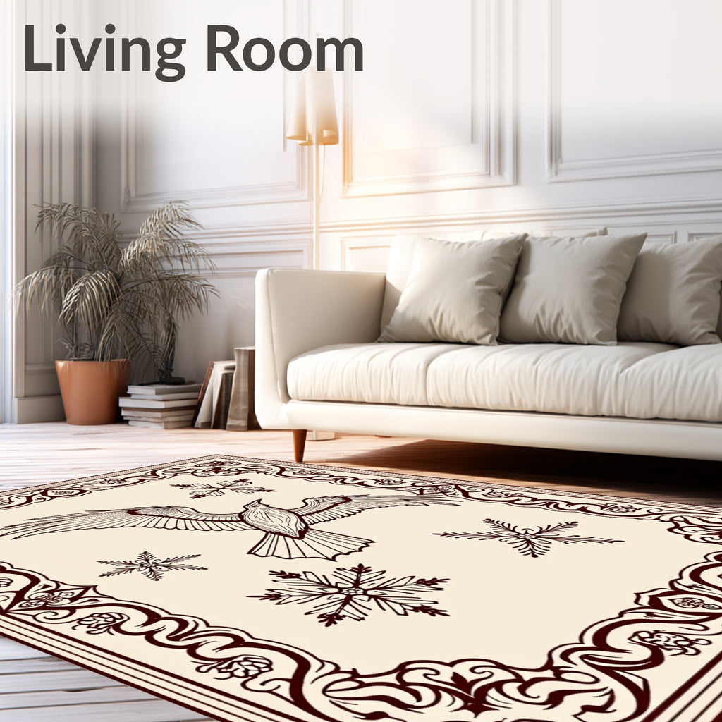 Crimson Bird and Snowflakes Ornate Border Rug