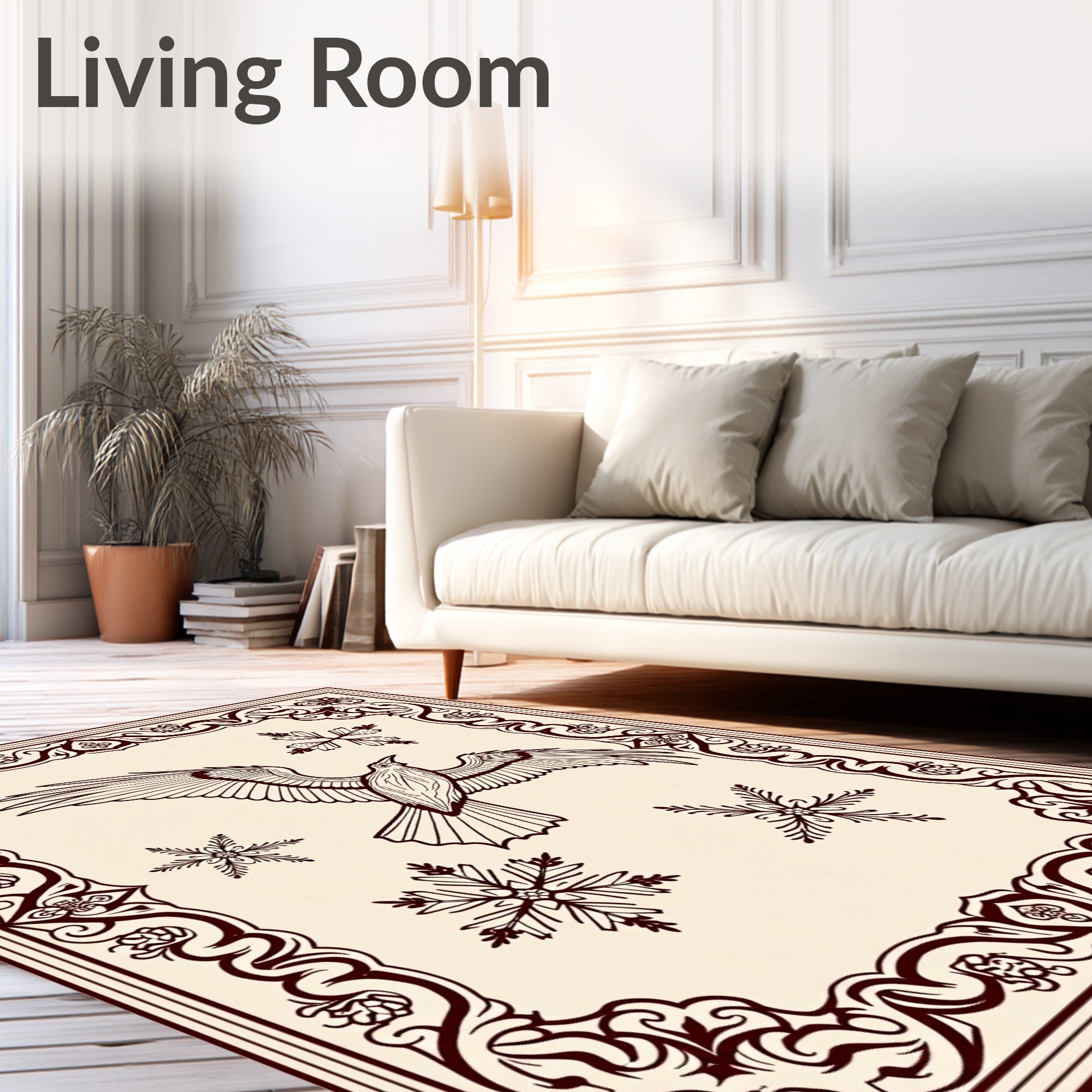 Crimson Bird and Snowflakes Ornate Border Rug