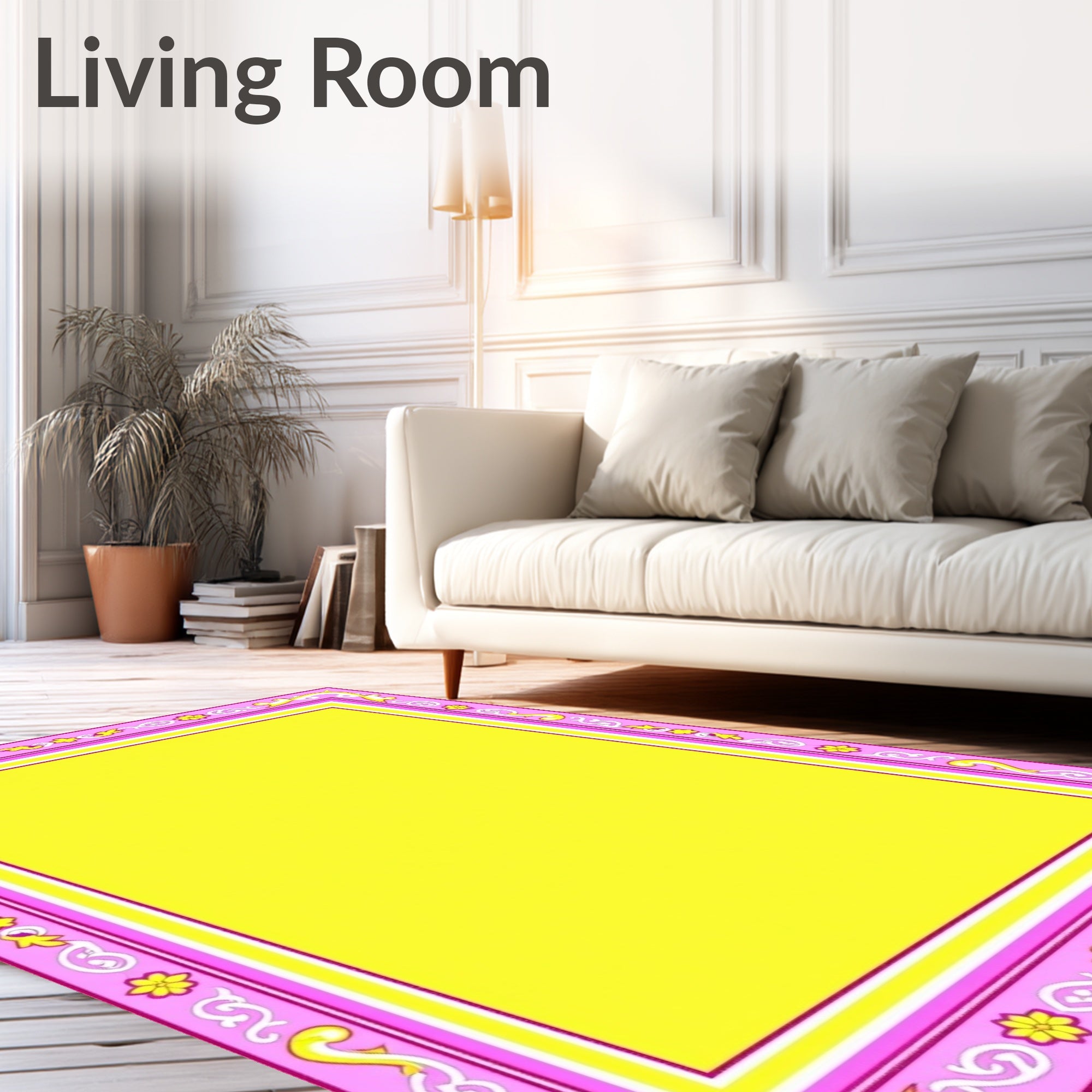 Pink Golden Yellow Floral Border Rug