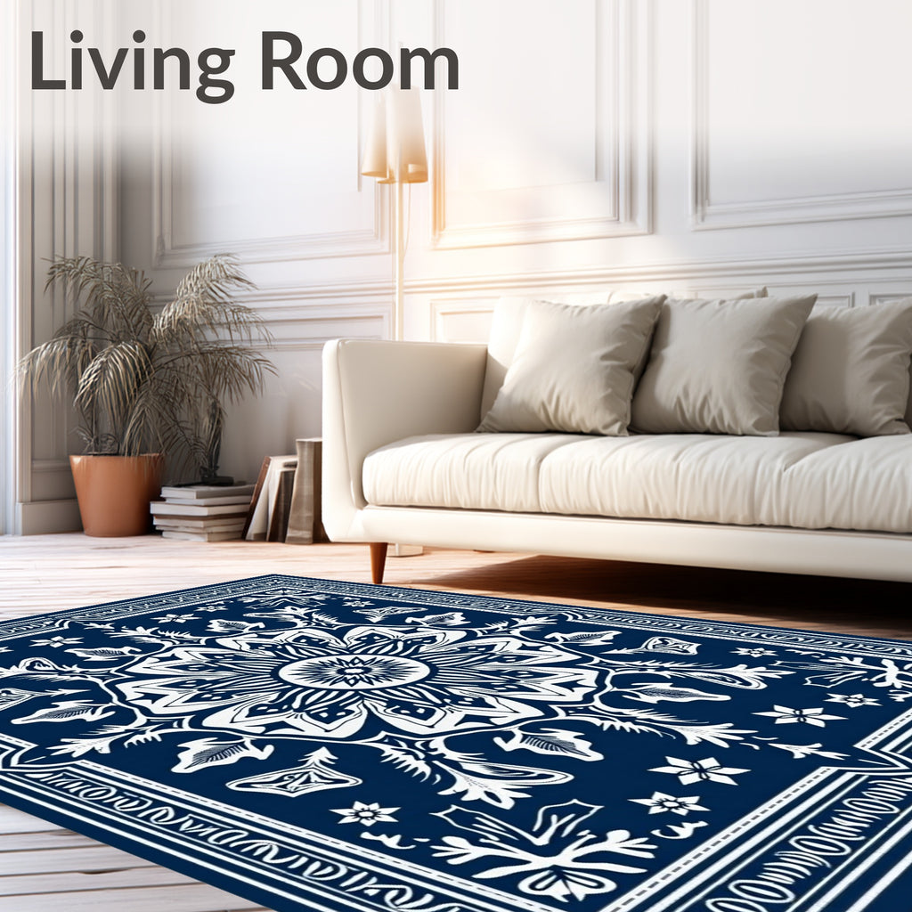 Dark Blue White Floral Medallion Rug