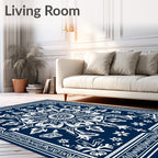 Dark Blue White Floral Medallion Rug