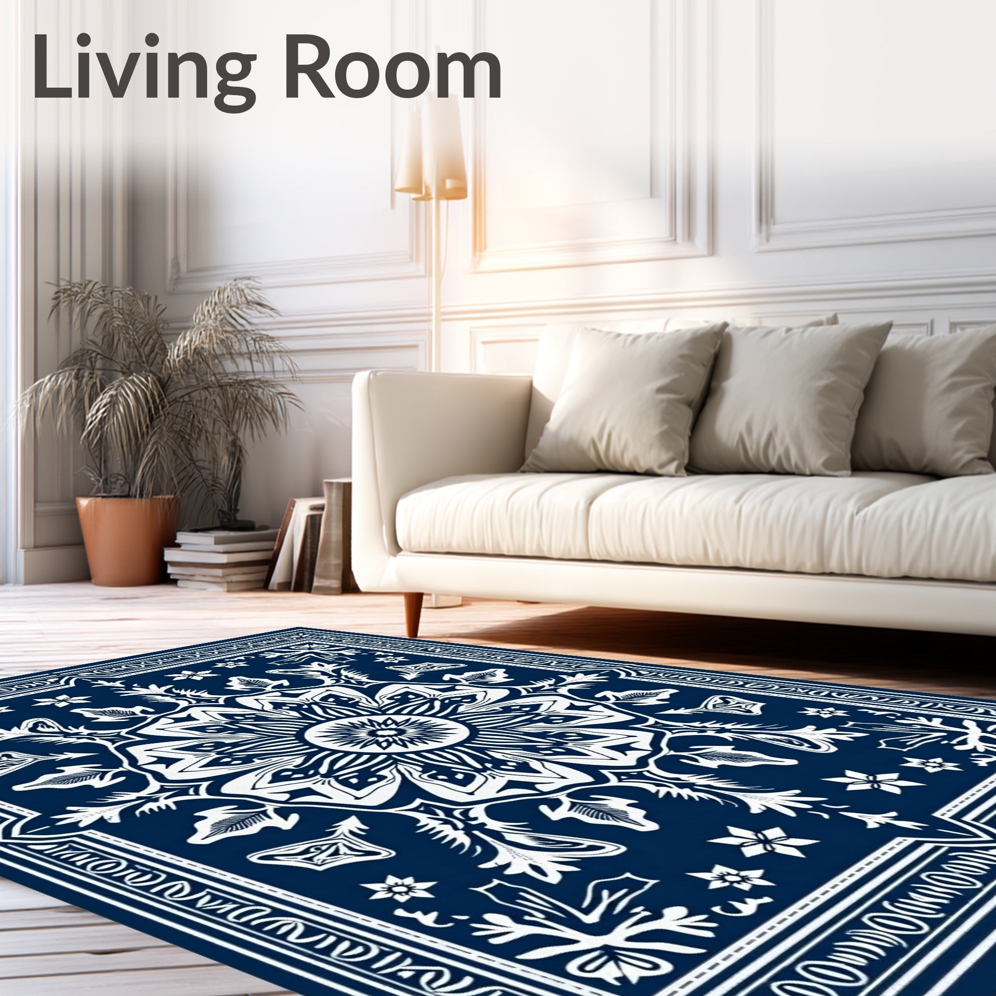 Dark Blue White Floral Medallion Rug