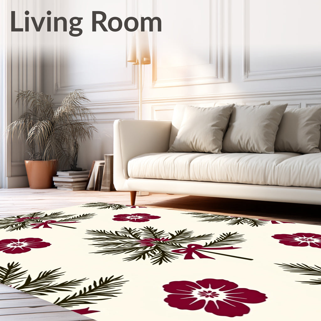 Crimson Floral Pine Bough Arrangement Rug