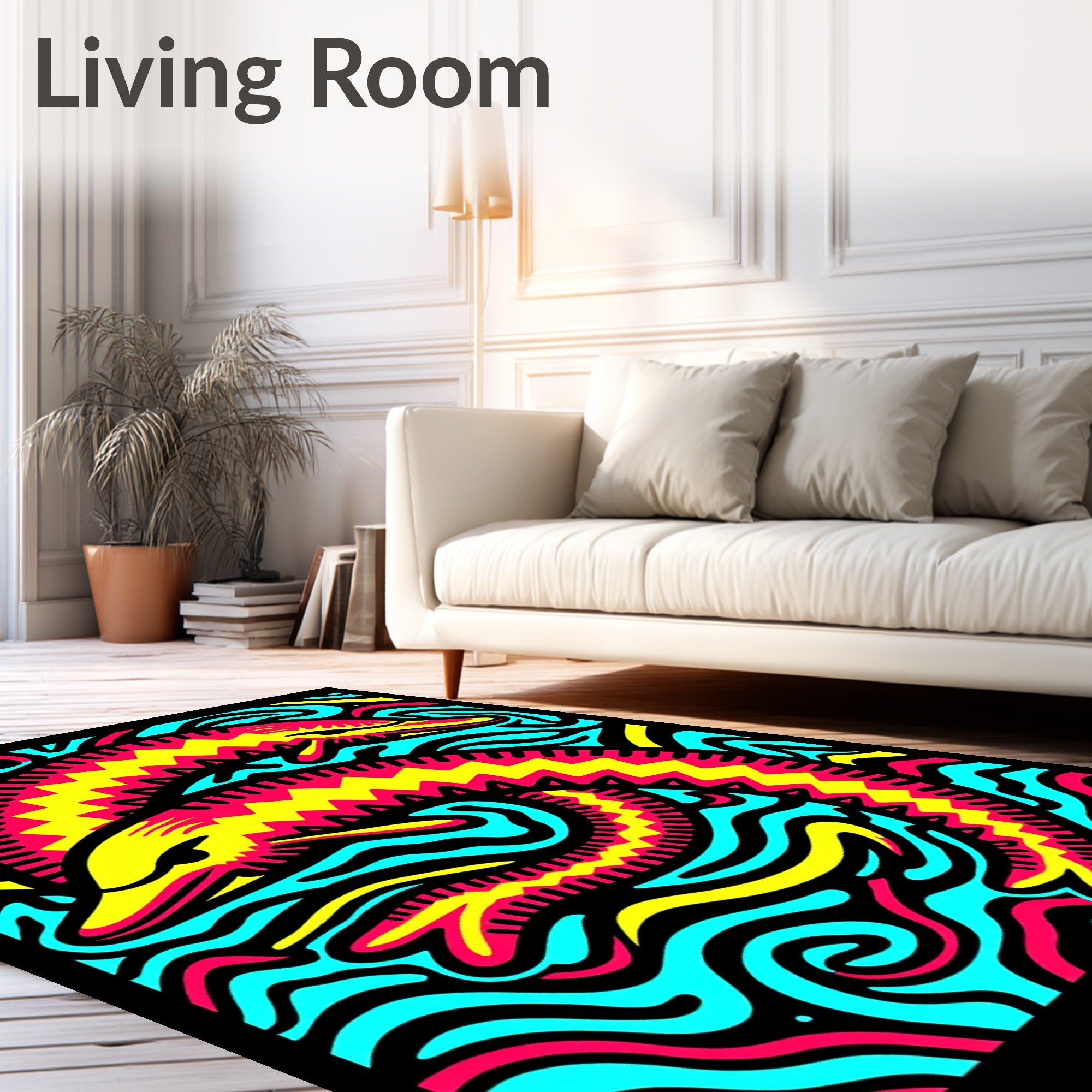 Vibrant Pink Yellow Dolphins Aqua Waves Rug