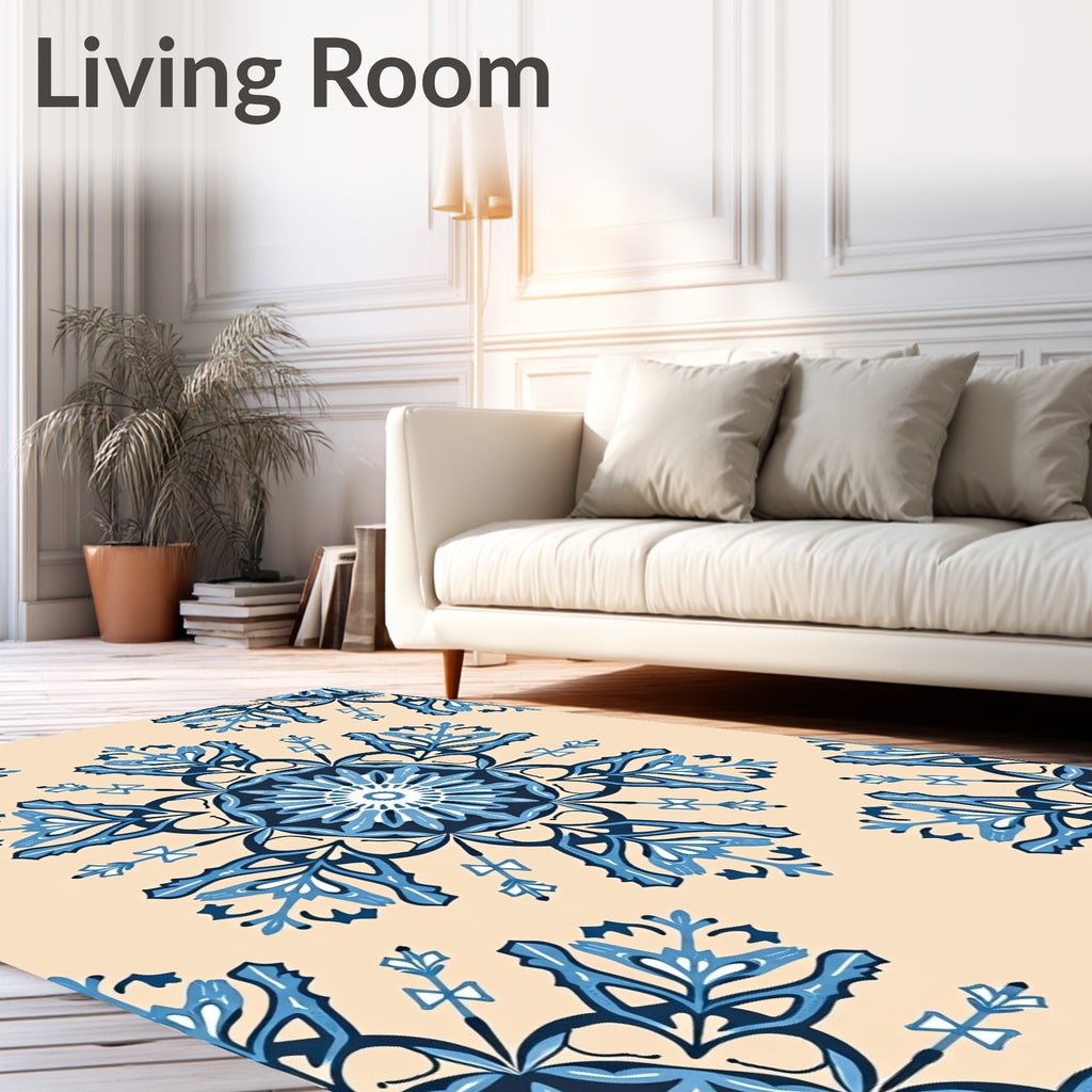 Navy Blue Floral Medallion Cream Rug