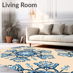 Navy Blue Floral Medallion Cream Rug