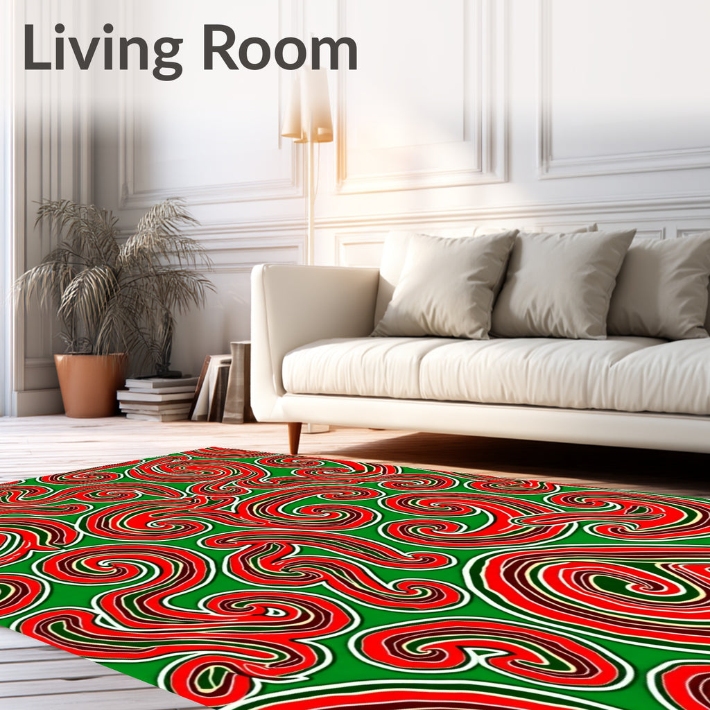 Crimson Swirls on Green Background Rug