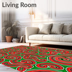 Crimson Swirls on Green Background Rug