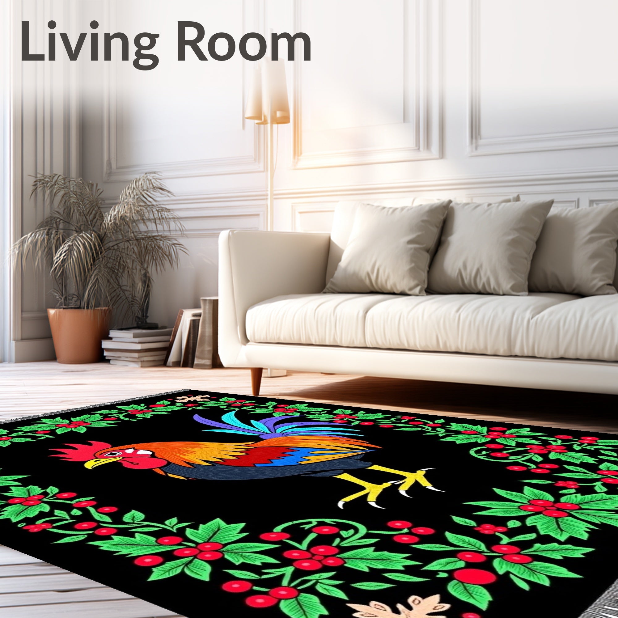 Vibrant Rooster Berry Garland Black Rug