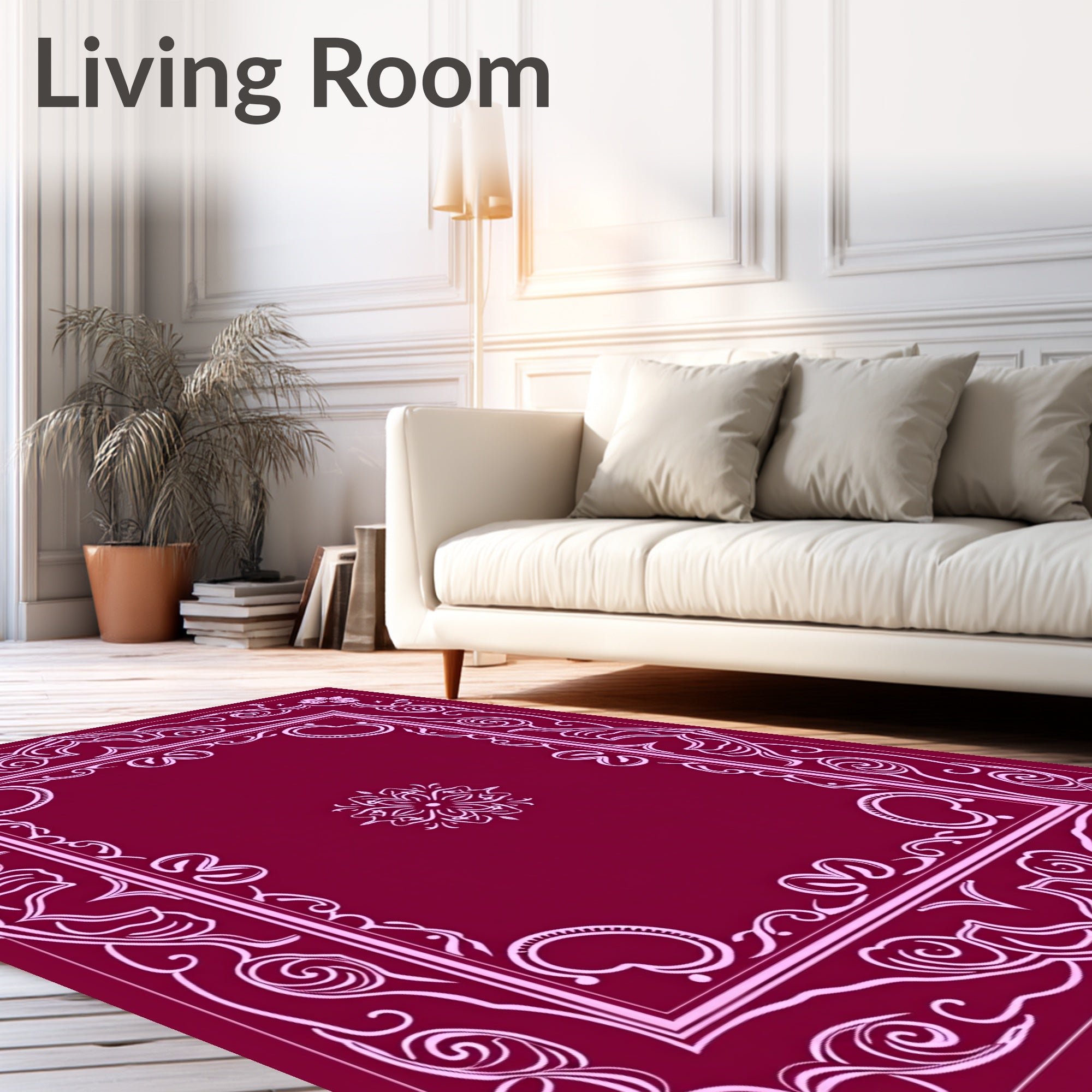 Rich Magenta Floral Scroll Frame Rug