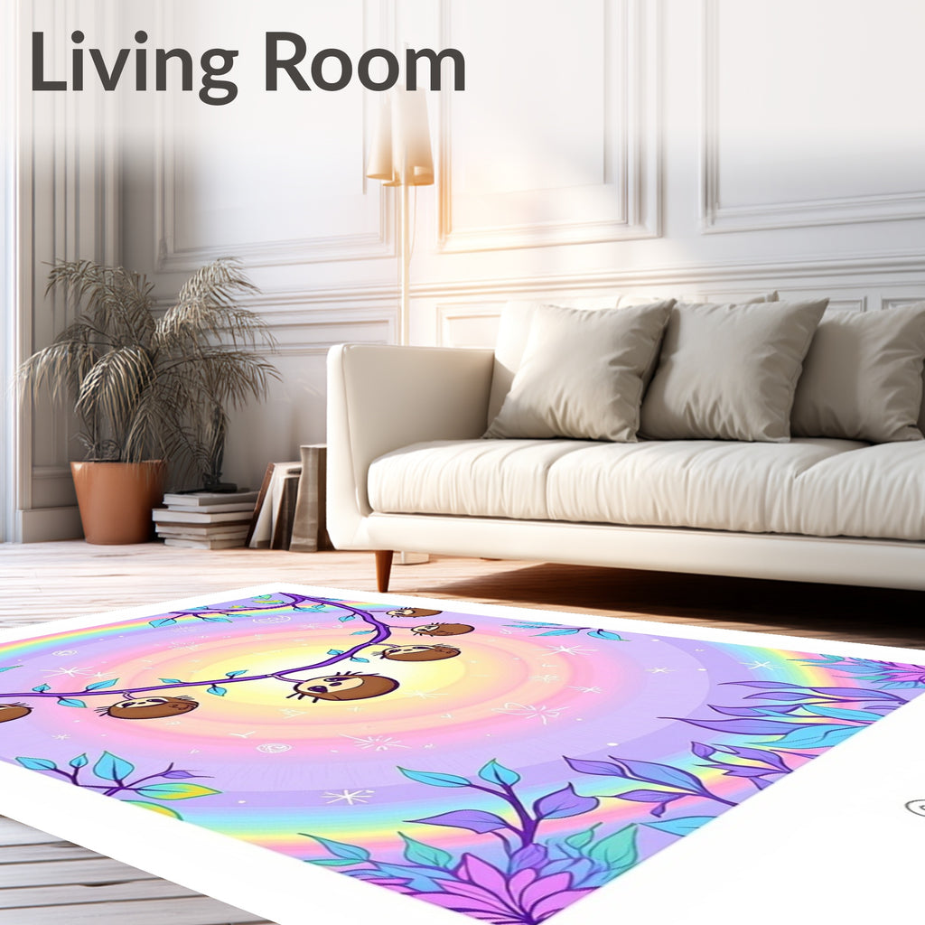 Whimsical Sloths Hanging Rainbow Sky Rug