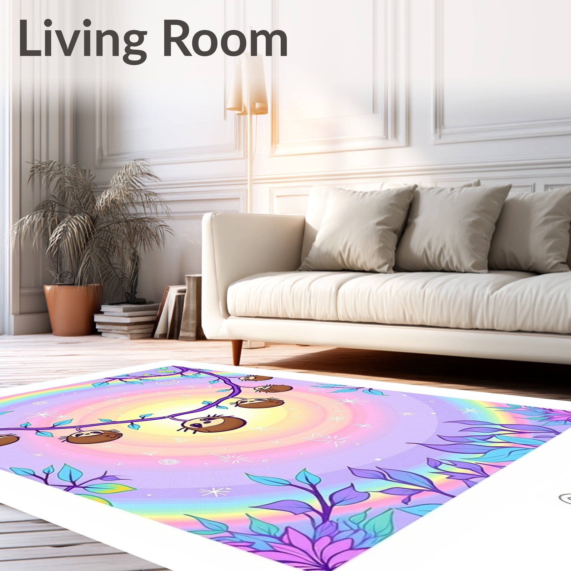 Whimsical Sloths Hanging Rainbow Sky Rug
