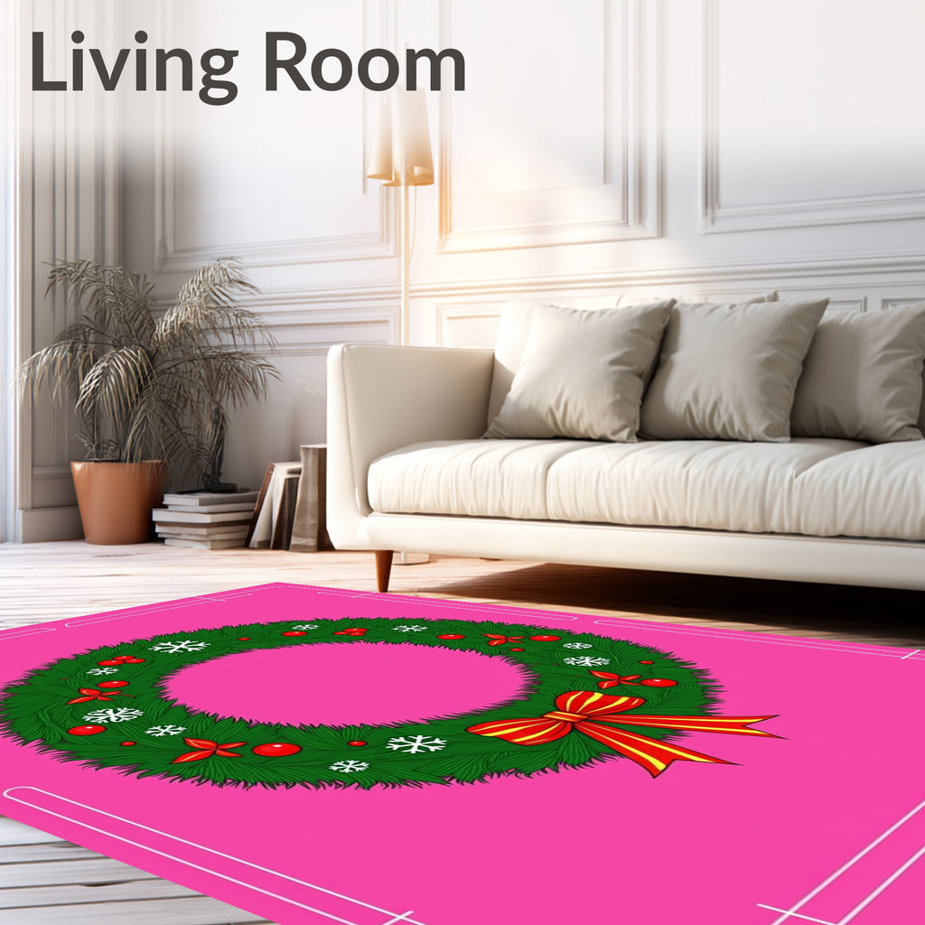 Festive Green Christmas Wreath Red Bow Rug