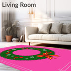 Festive Green Christmas Wreath Red Bow Rug
