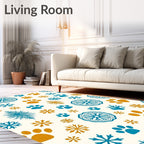 Teal Orange Paw Print Snowflake Medallion Rug