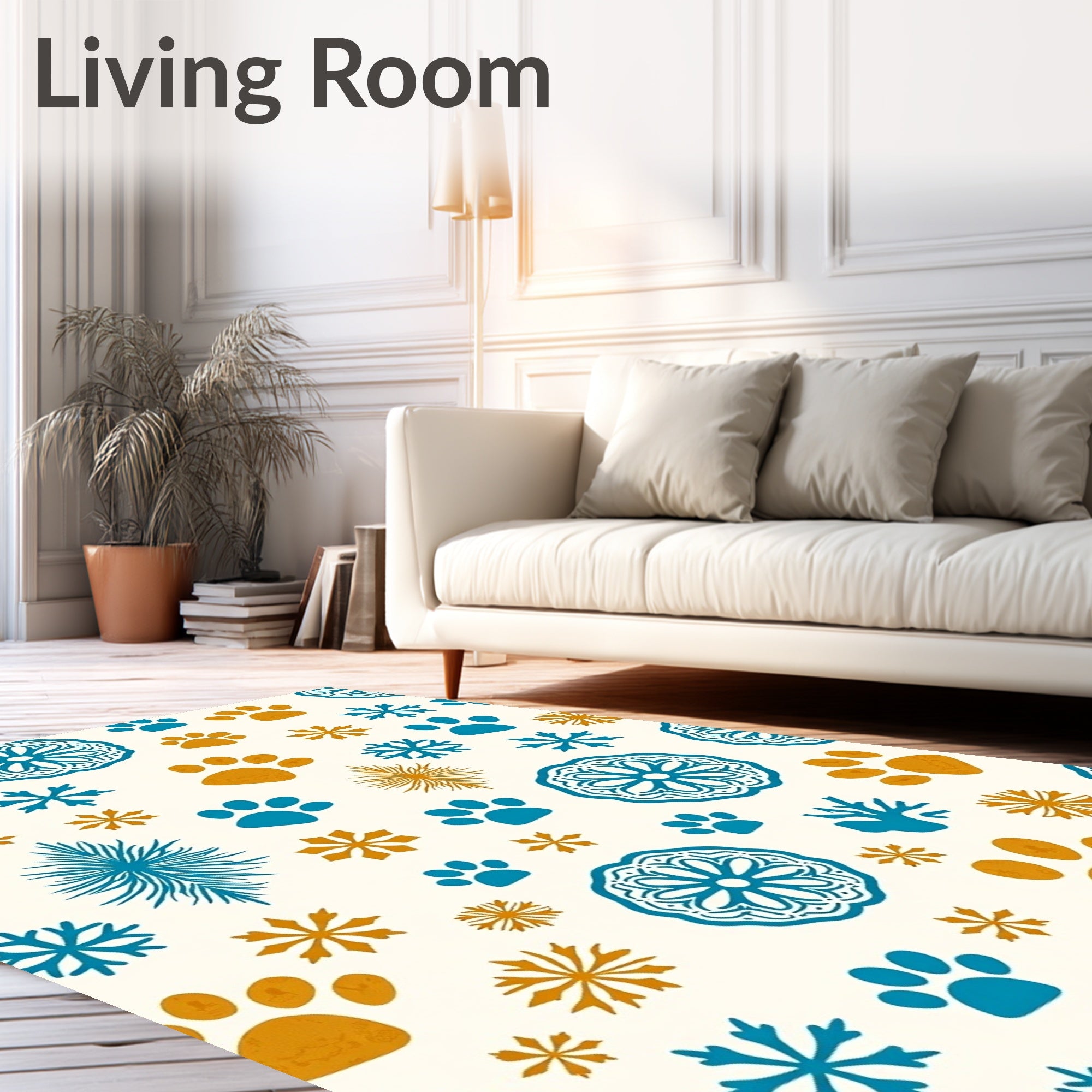 Teal Orange Paw Print Snowflake Medallion Rug