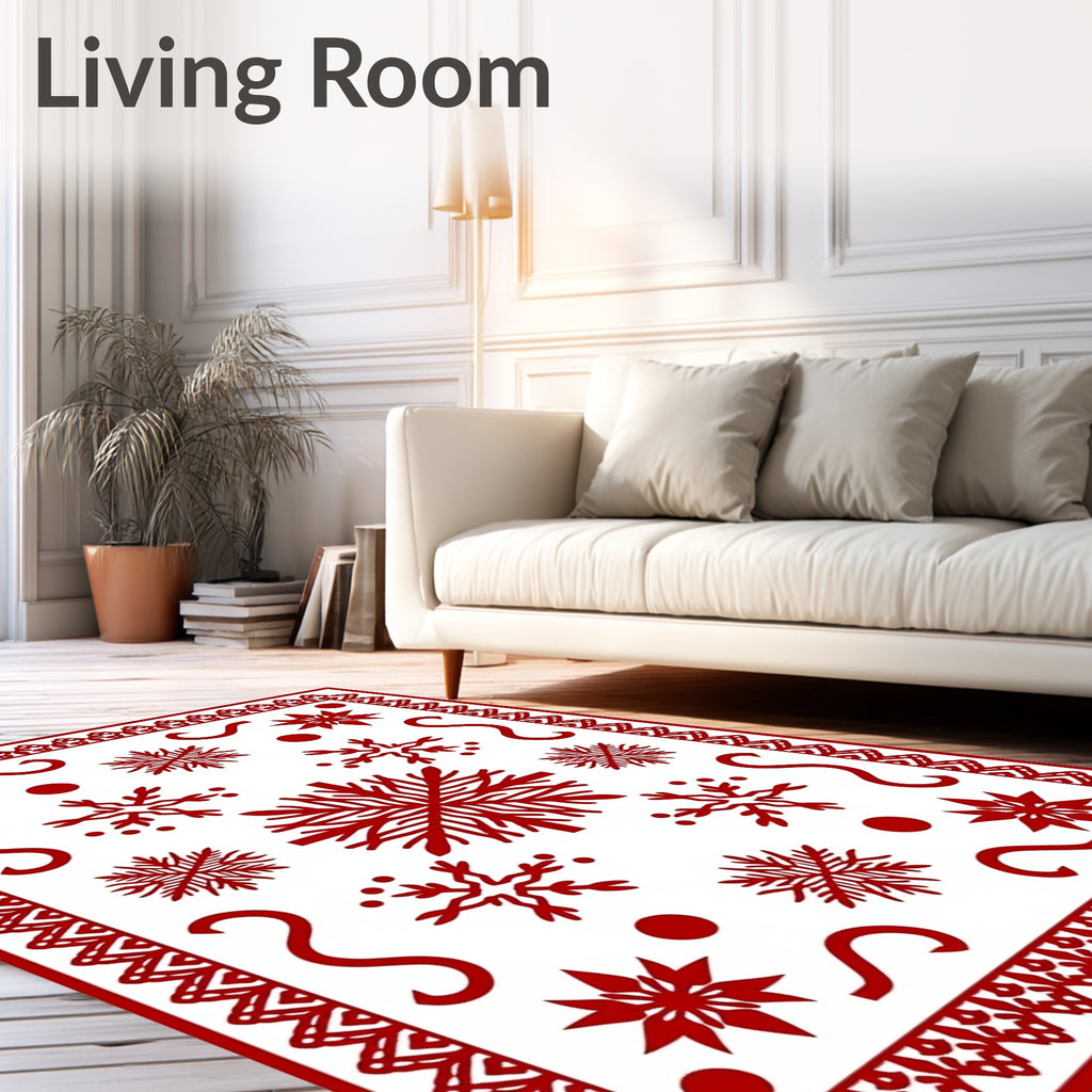 Red Snowflake Bordered Abstract Snowflakes Rug