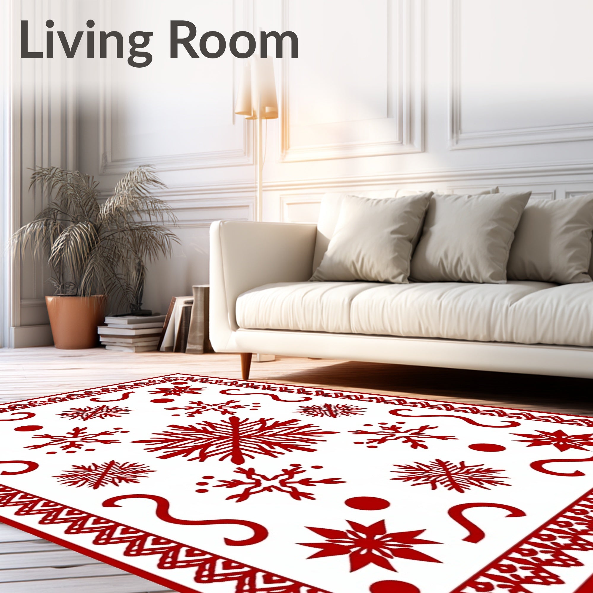 Red Snowflake Bordered Abstract Snowflakes Rug