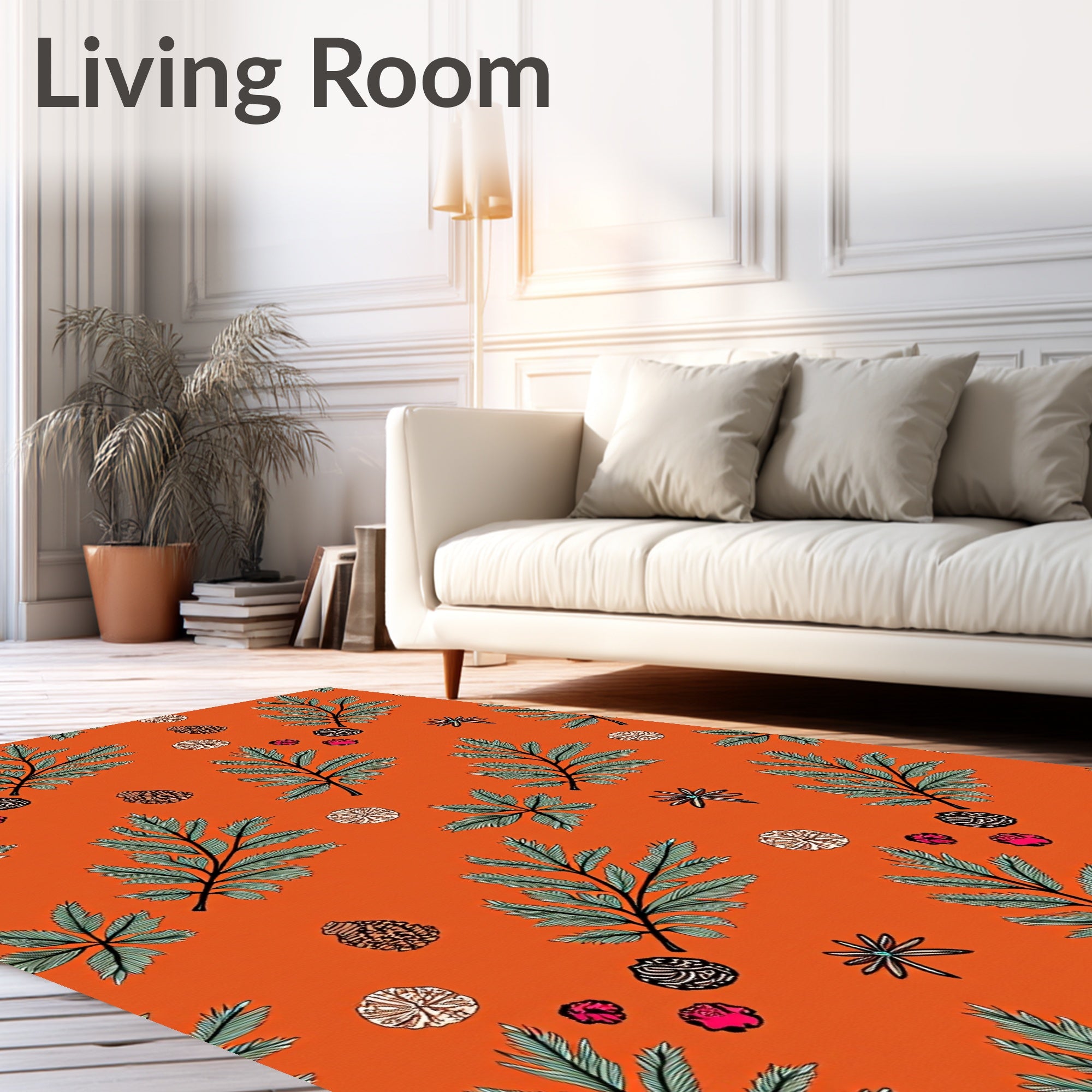 Orange Fern and Cone Botanical Arrangement Rug