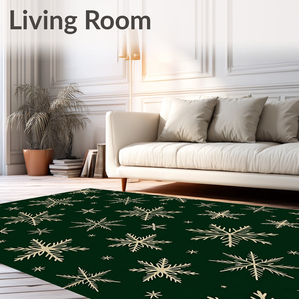 Golden Snowflakes on Forest Green Background Rug