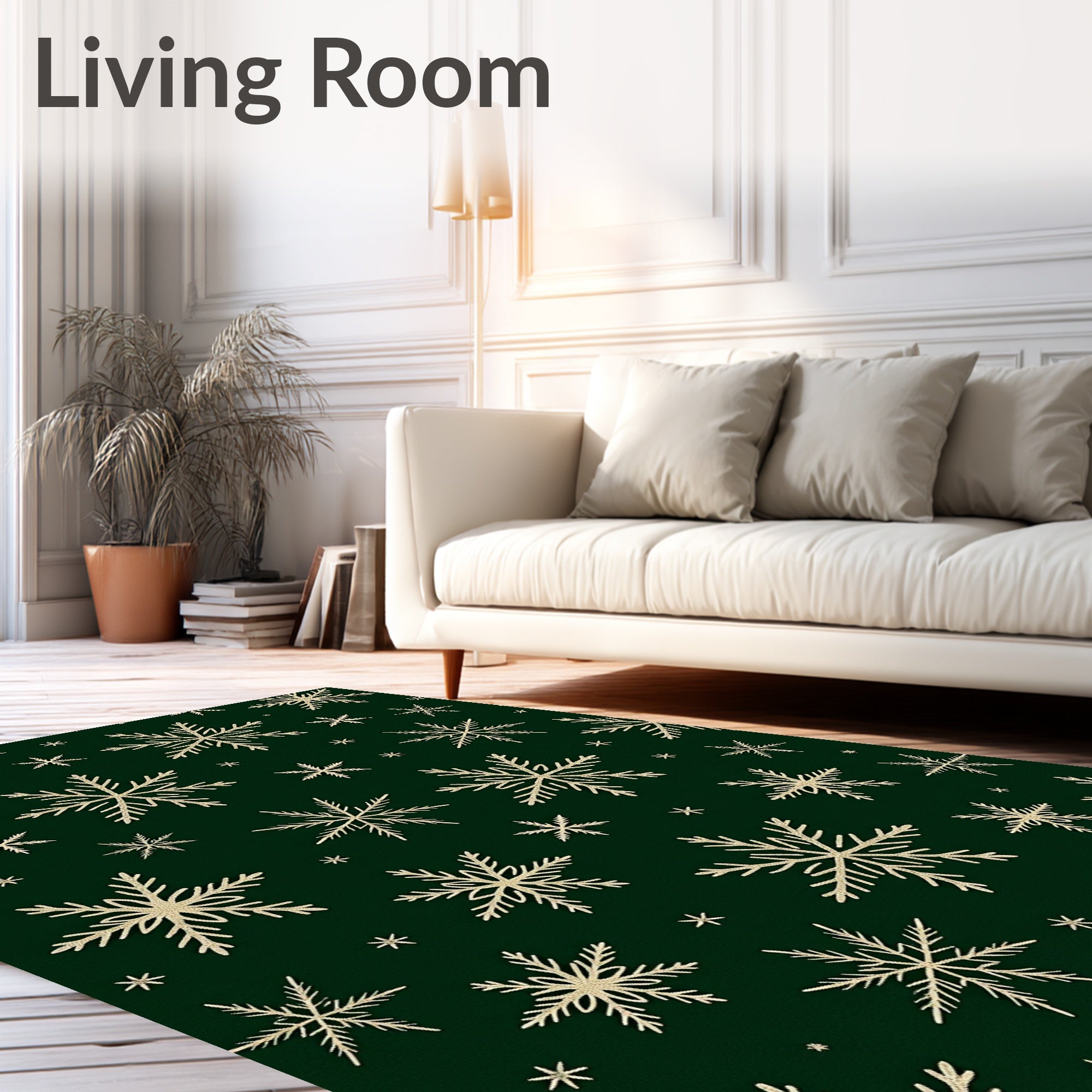 Golden Snowflakes on Forest Green Background Rug