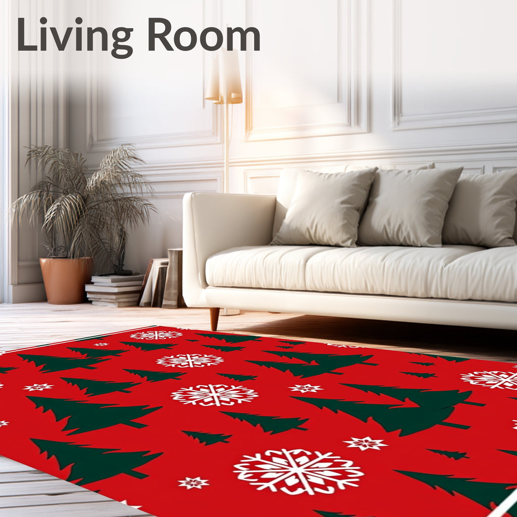 Festive Crimson Snowflakes and Trees Rug