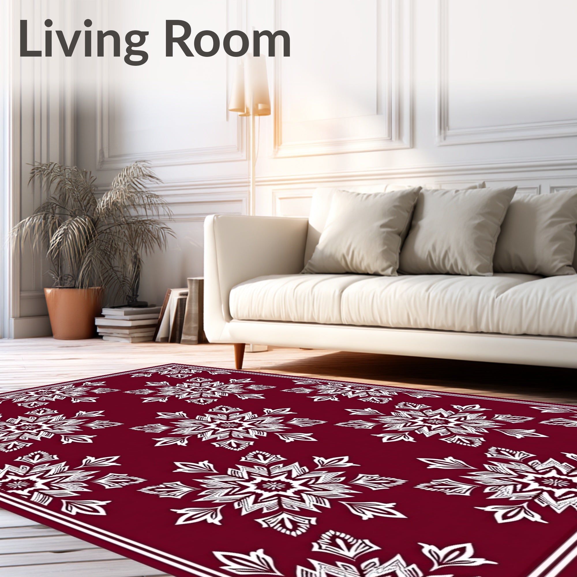 Deep Red White Snowflake Mandala Rug