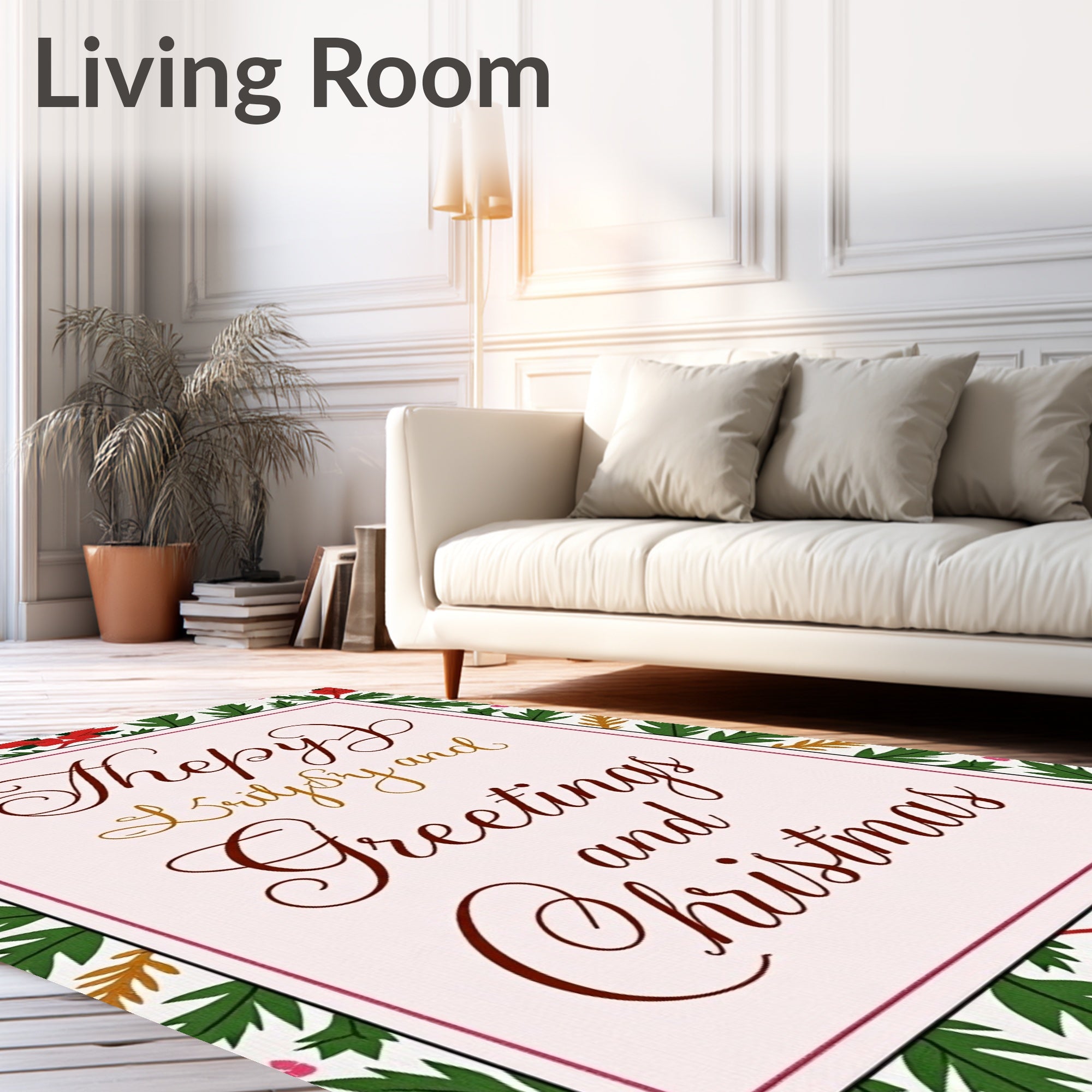 Crimson Red Green Poinsettia Border Rug