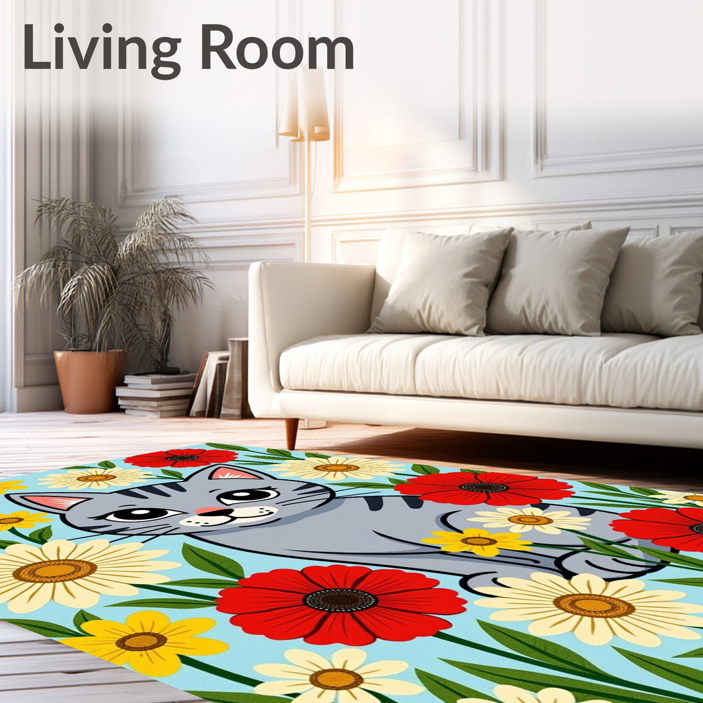 Gray Cat Among Red Yellow Flowers Rug