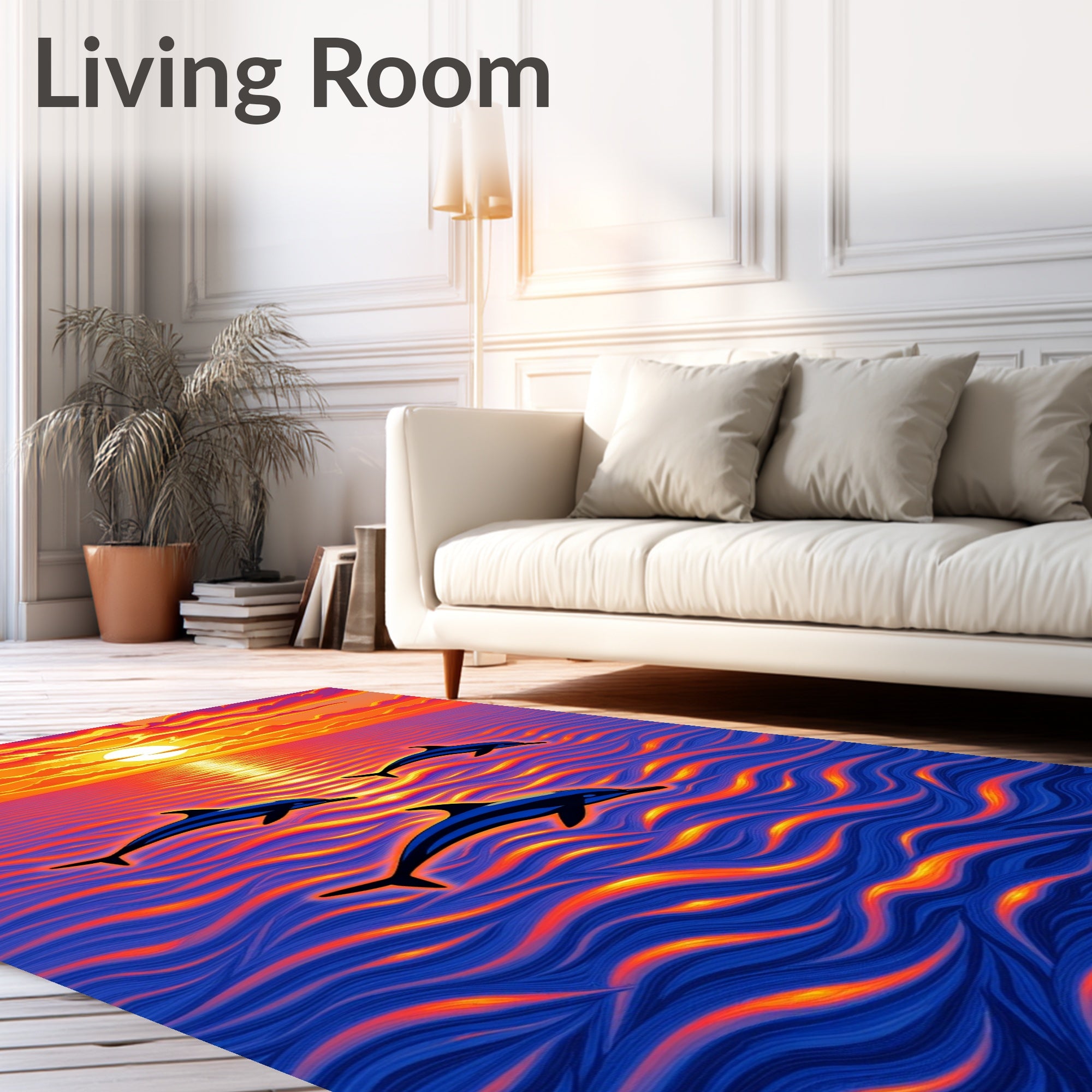 Vibrant Dolphins Sunset Ocean Waves Rug