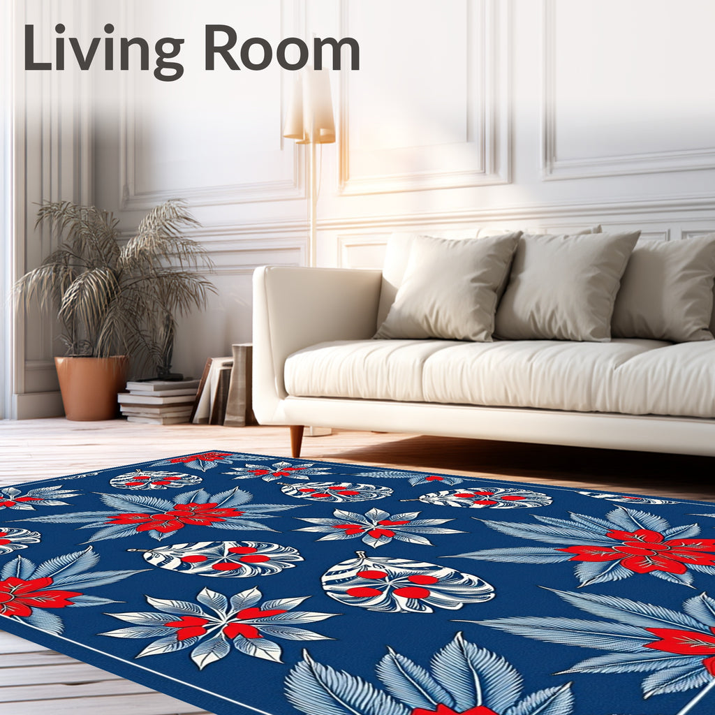 Bold Red Blue Floral Botanical Collage Rug
